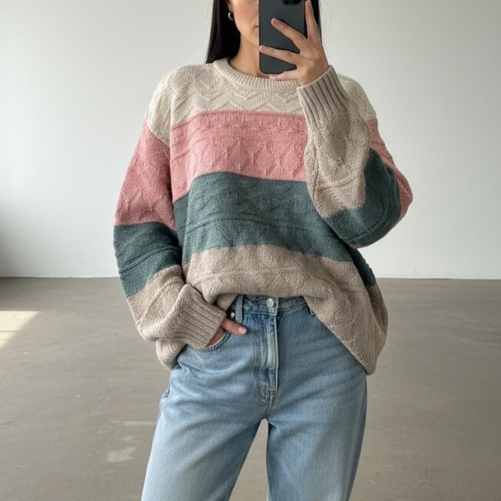 Vintage 90s Eddie Bauer Color Block Textured Knit Unisex Grandpa Sweater Jumper